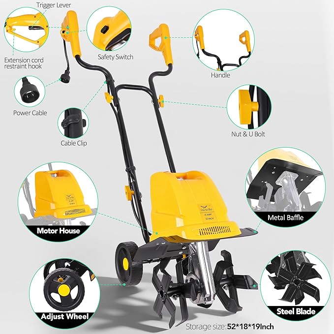 Electric Tiller/Cultivator 4 Steel Tines, Garden Roto Tillers for Gardening, 15Amp 12 Inch Corded Rototiller with Adjustable Wheels