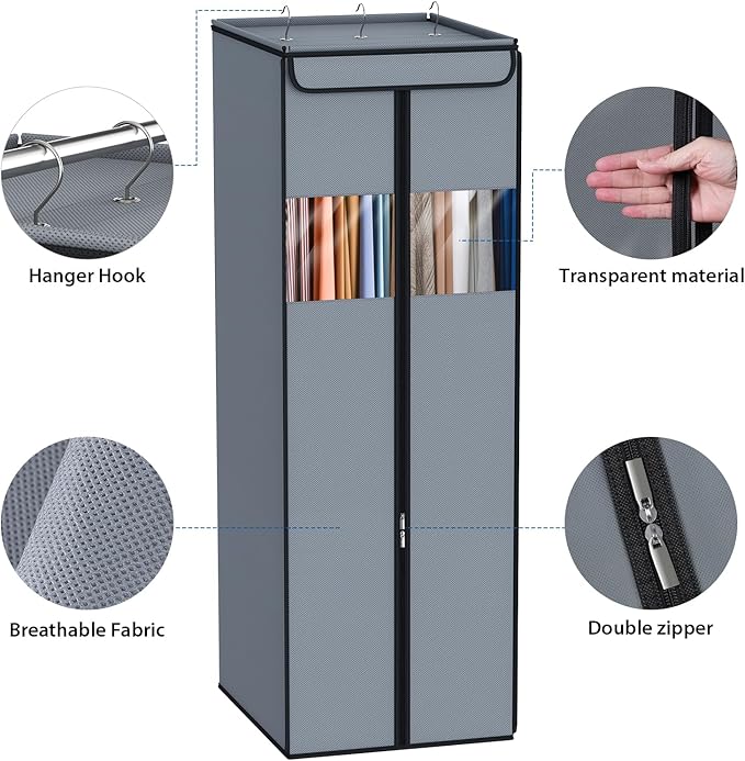 Zilink Garment Bags for Hanging Clothes 54" Hanging Storage Bags for Clothes with Clear Window Space Saving Garment Covers for Suits, Coats, Dresses, Grey