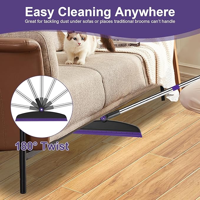 Broom with Dustpan Combo Set and Silicone Air Broom Kit, 51" Long Handle Floor Squeegee, Purple Household Kit for Glass Window Rugs Pet Hair Home