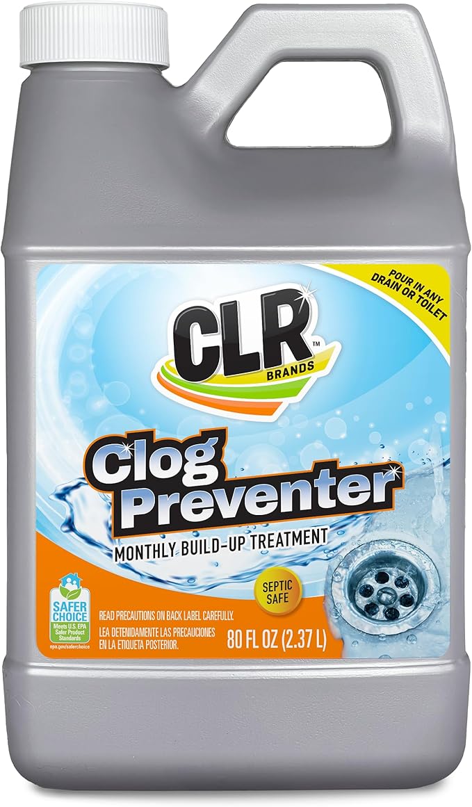 CLR Brands® Clog Preventer Clear Pipes and Drains Monthly Drain Build Up Remover, Helps Degrade Sources of Clogs to Keep Drains Flowing Smoothly, Safe on All Pipes and Drains - 80 Ounce Bottle