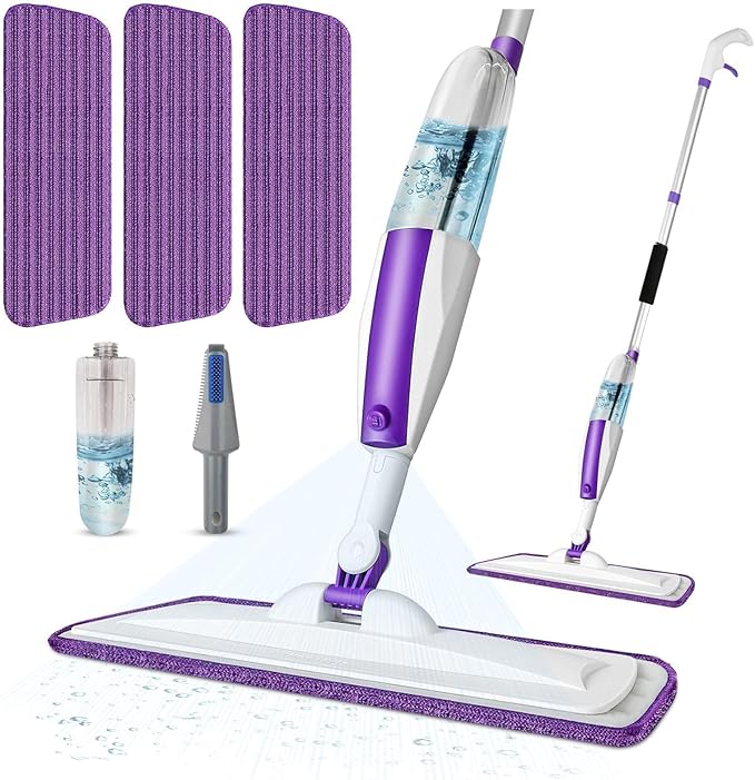Spray Mops for Floor Cleaning Floor Mop with a Refillable Spray Bottle and 3 Washable Microfiber Pads Home or Commercial Use Dry Wet Flat Mop for Hardwood Laminate Wood (Purple)