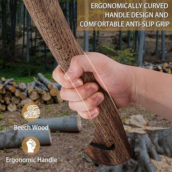 Hatchet, 15.7" Camping Axe with Leather Sheath, Bushcraft Axe with 1065 Carbon Steel & Beech Handle, Survival Hatchet for Wood Splitting and Chopping - Perfect for Gardening and Outdoor