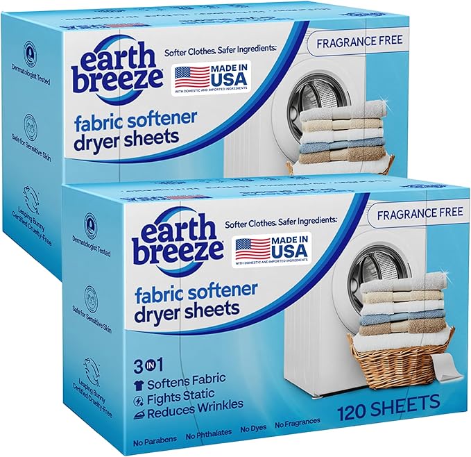 Earth Breeze Fabric Softener Dryer Sheets – Fragrance Free, Hypoallergenic, No Harsh Chemicals, Safe for Sensitive Skin – Static Cling & Wrinkle Reducer – Gentle Fabric Care – Made in USA (2 Pack)