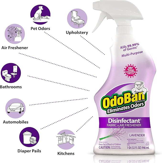 OdoBan Ready-to-Use Disinfectant and Odor Eliminator, Made in the USA, Lavender Scent, Set of 2, 32 oz Spray and 1 Gallon Concentrate