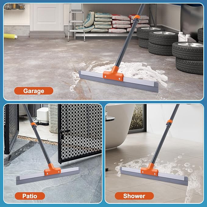 Rubber Floor Squeegee for Concrete Floor, Tile Floor, Metal Aluminium Heavy Duty Garage Shower Floor Squeegee Broom for Removing Water, Commercial Scrubber Mop with Extendable Long Handle