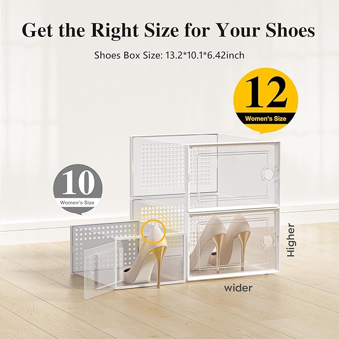 Kuject X-Large Shoe Storage Boxes Organizers Clear Plastic Stackable 12 Pack, Shoe Rack & Holder Substitute, Sneaker Containers, Toy Storage Organizer Bins for Entryway, Closet, Under Bed, White