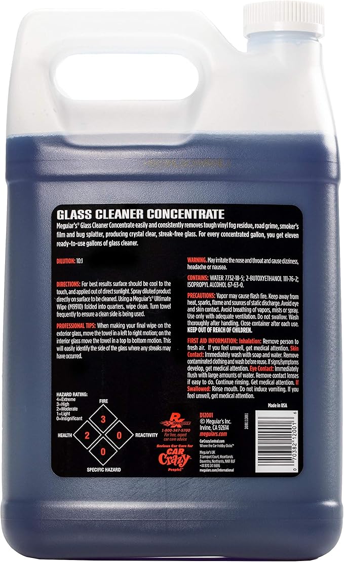 Meguiar's Professional Glass Cleaner Concentrate D12001, Professional Strength Glass Cleaner for a Streak-Free and Residue-Free Shine, Sprays on for Easy Application, 1 Gal