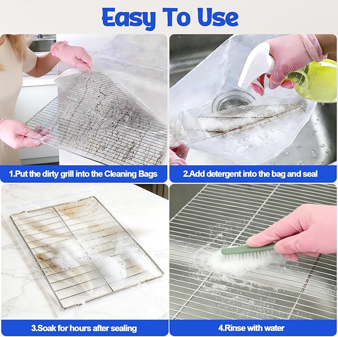 Juome Oven Rack Cleaning Bags, 5 Pack Reusable No Scrub Oven Rack Cleaning Bags Kit with 6 Gloves & 1 Brush, Leak Proof PE Bags (23.6*35.4inch & 31.5*39.4inch) for Deep Soaking BBQ Racks, Grill Grates