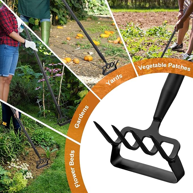 Garden Hoe Tool - Heavy Duty 2 in 1 Scuffle Hoes with Cultivator Tiller for Weeding Grass,Loosening Soil,Sharp Blade,36-60” Long Handle,Push Pull Action Hoe with Scraper Rake for Gardening