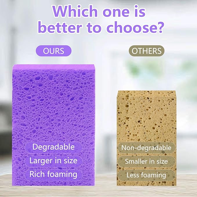 Cellulose Sponges, Large Size 4" x 6" x 1" - Heavy Duty Scrub Kitchen Sponge, Clean Tough Messes Without Scratching Kitchen Cleaning Pads, Pop Up Eco DIY (6 Pack), Purple