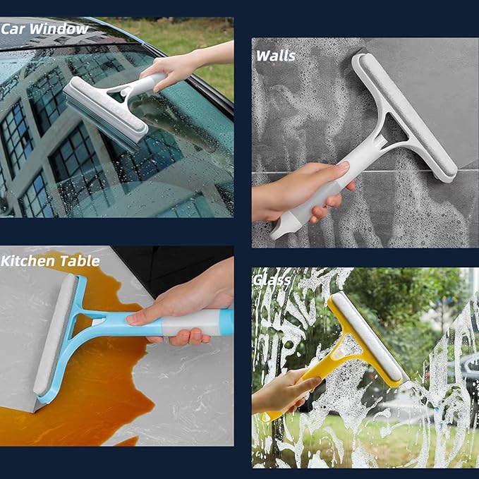 3 in 1 Window Squeegee, Cleaning Scraper with Scrubber Sponge Sprayer Clean Kit for Glass, Tile Walls, Shower Door, Car, Bathroom (Yellow)