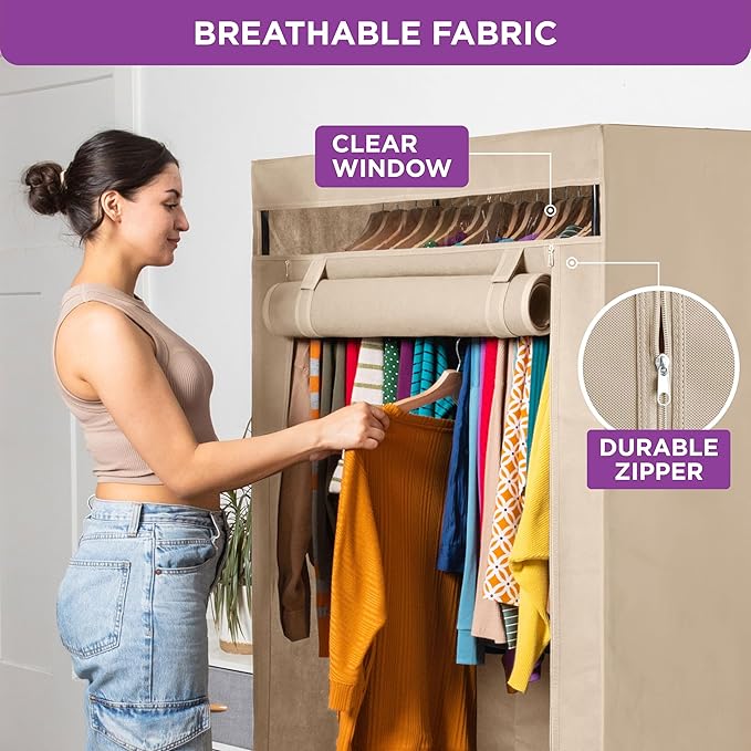 HOLDN’ STORAGE Portable Wardrobe Closet - 50 lb Capacity, Internal Heavy Duty Metal Rod, Zipper & Clear Window, Durable Clothes Organizer, Tool-Free Easy Assembly, Beige Canvas Cover