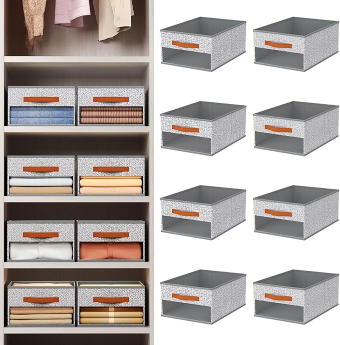 Homsorout Drawer Organizers and Storage - 8 Pack Foldable Pants Organizer with Clear Window & Handles, Fabric Closet Organizer for Clothes, Jeans, Sweaters, Towels, T-shirt, Scarf (Ant Light Gray)