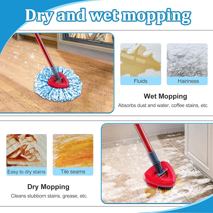 Spin Mop Handle, Mop Heads Replacements,Scrubber Brush and Mop Base Compatible with Ocedar RinseClean 2-Tank System, Mop Handle and Head Replacement Combo Set for Wet Dry Use Floor Cleaning