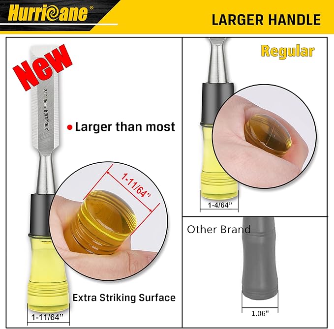 HURRICANE 4 Piece Wood Chisel Set for Woodworking. CR-V Steel Beveled Edge Blades with Safety Caps. Extra Large Grip, Impact-Resistant PVC Handle Chisels (1/4", 1/2", 3/4", 1")