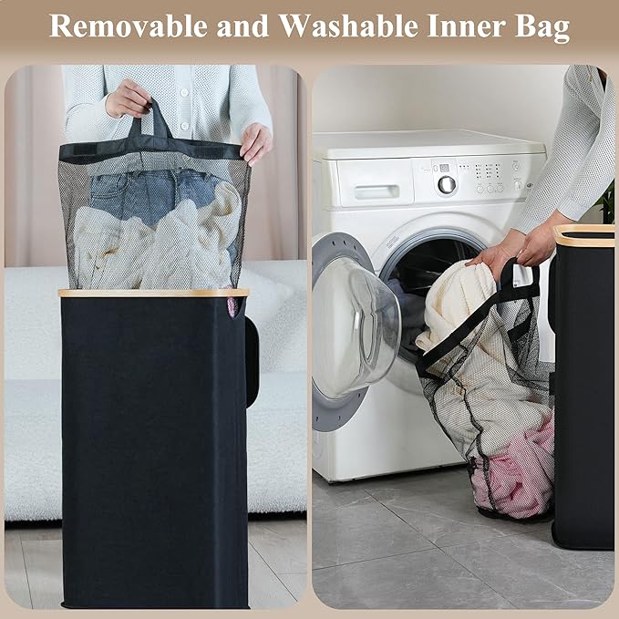 iEGrow Laundry Hamper with Lid, 110L Large Laundry Hamper with Handle and Lid, Collapsible Clothes Basket Organizer with Removable Inner Bag for Clothes Toys Towels - Black