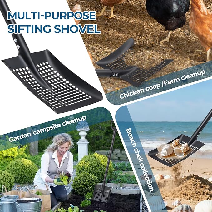 Chicken Coop Cleaner Shovel with Sifter, 61" Heavy Duty Adjustable Sifter Shovel for Poultry Bedding, Garden Soil Sifting, Durable Metal with Deep Sides & Ergonomic Handle