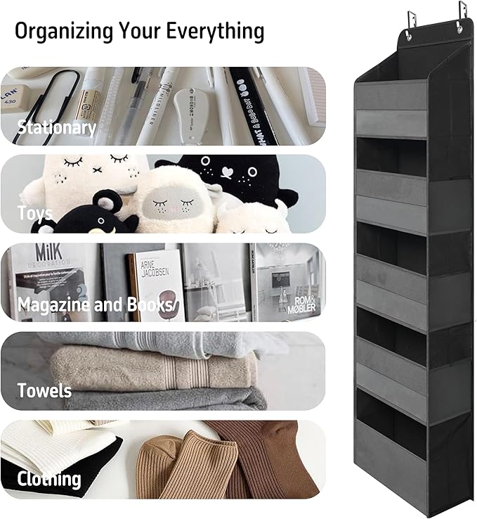 TYMENSH Over Door Organizer with 5 Large Pockets, Heavy Duty Hanging Organizer Storage, Closet Bathroom Nursery Bedroom Dorm, Toys Cosmetics Sundries and Baby Essentials, Black