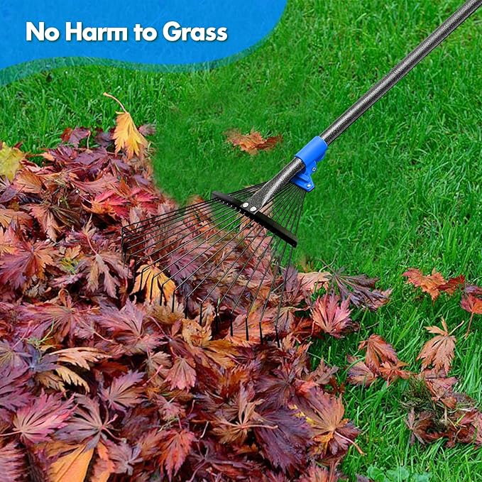 BsBsBest 75" Rake for Leaves with 18 Metal Tines 10-18" Expandable Head Rakes Adjustable Handle for Lawn Leaf Rake Yard Tools for Collecting Leaves, Grass Clippings, Garbage Blue