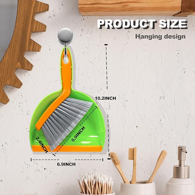 Mini Broom with Dustpan Combo Set Small Dust pan and Brush Set Quick Cleanup Debris Dust for Floor Countertop Worktop Desk Pet Cage (Green+Orange)