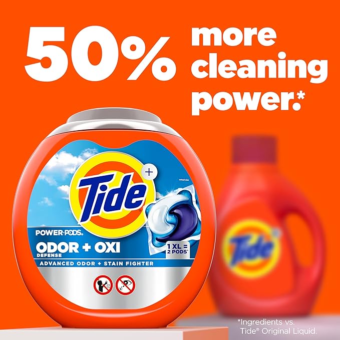 Tide Odor Defense + Oxi Laundry Detergent Pacs, Original Scent, 32 Count, Advanced Odor + Stain Fighter