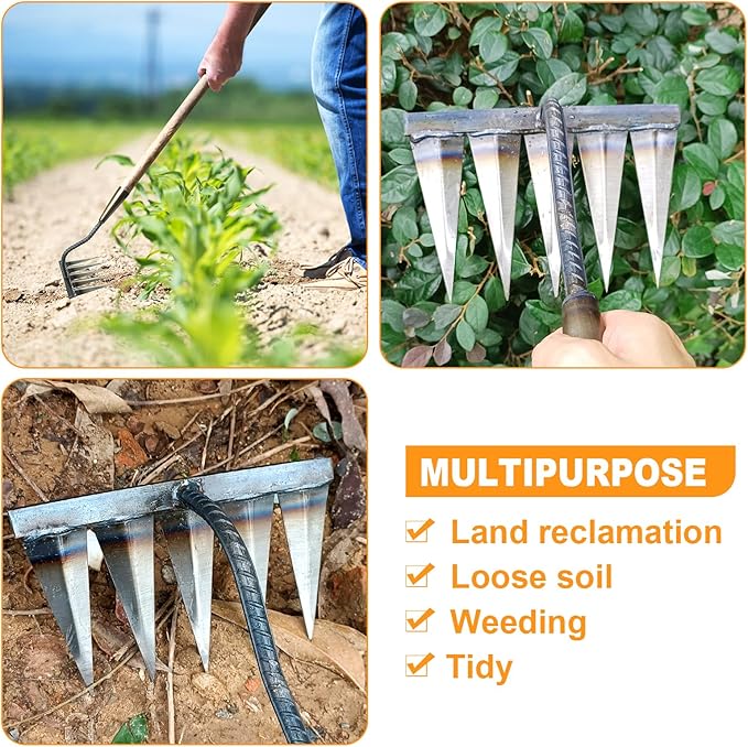 Ironrake The Heavy-Duty Iron Weeding Rake,1pc Iron Rake for Gardening and Weeding with 5 Metal Tines,Weeding Rake for Sturdy Dethatching,Ironrake for Backyard Lawn Loosening Planting Weeding
