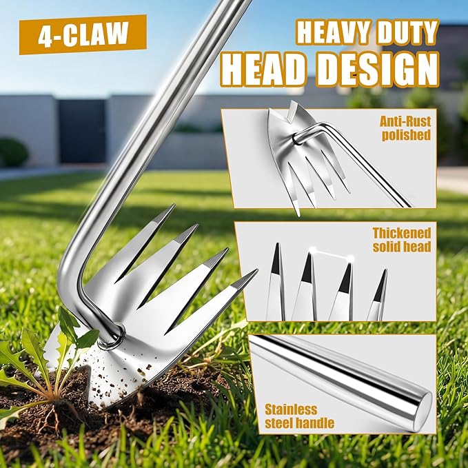 3 Pack Heavy Duty Stainless Steel Weed Puller Tools 4 Tooth V Head Manual Hand Weeder for Dandelions, Thistles Deep Roots, Manual Garden Weed Removal Tools for Lawn, Yard and Flower Beds