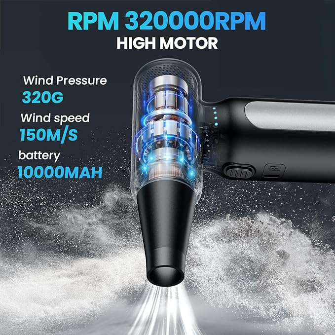 Mershgaya Electric Compressed Air Duster - 30,0000 RPM Rechargeable Cordless Turbo Blower, Portable Air Blower Gun for Cars, PC, Keyboard, Home & Outdoor Dust Cleaning (Replaces Compressed Air Cans)