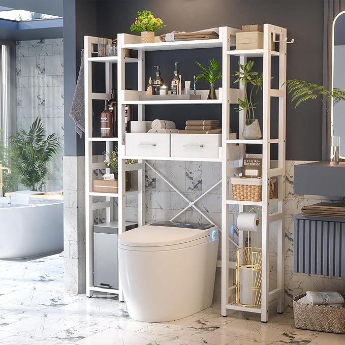 Besiost Over The Toilet Storage with 2 Drawers - 11 Tier Bathroom Organizer Freestanding Space Saver Storage Rack with Adjustable Shelf Above Toilet Stand with 4 Hooks for Restroom, Laundry, White
