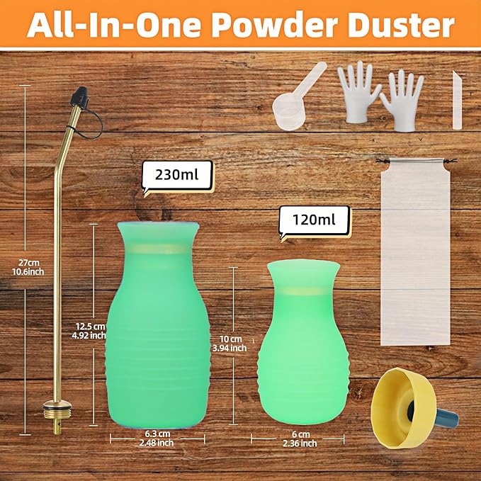 Diatomaceous Earth Duster, 230ml Large, Powder Duster Kit with Long Copper Tube & Folding Funnel, Indoor Outdoor Silicone Sprayer Heavy Duty Bulb Applicator for Home and Garden(Green)