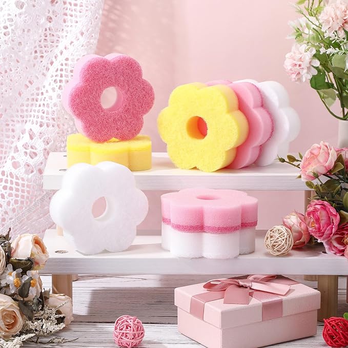 Tioncy 12 Pack Pink Flowers Sponges Bulk Spring Kitchen Decor Dual Sided Scrubber Sponges Dishwashing Kitchen Cleaning Accessories for Household Supplies