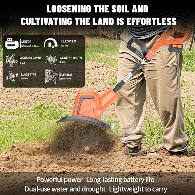 Electric Cordless Tiller Cultivator, Electric Garden Tiller for Lawn/Gardening/Soil Cultivation,360RPM, 9.06-in Width, 48 Steel Tines, (2 * 4.0Ah Batteries, Charger, Safety Gloves,Glasses)