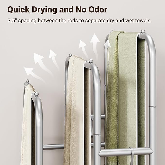 ELYKEN 40'' Tall Standing Towel Racks, 3 Tier Towel Drying Rack Outdoor, Pool Towel Stand Blanket Holder with Shelf & 4 Removable Hooks, Metal Freestanding Towel Racks for Bathroom, Smooth Silver