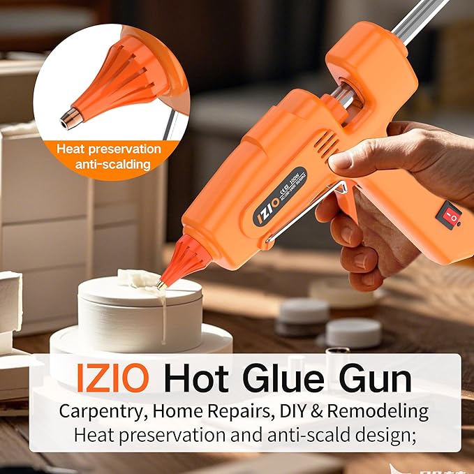 IZIO 100W Professional Hot Glue Gun Kit - Fast Heating, Non-Drip, Anti-Scald Nozzle, Safe & Ergonomic Grip, Includes 21 Glue Sticks (7/16") and Storage Bag - Full Size, Orange