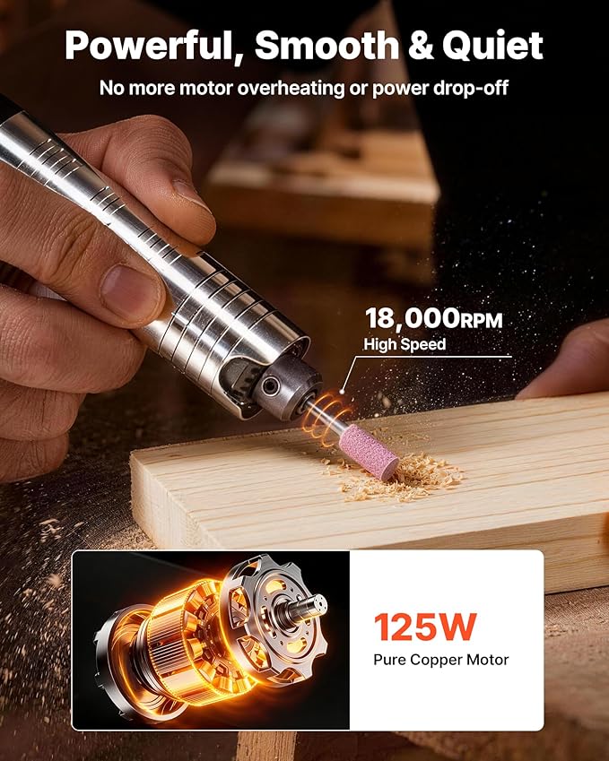 VEVOR Flex Shaft Grinder, 125W 18000RPM Electric Flex Shaft Rotary Tool, Foot-Pedal Control Hanging Carver Grinder with 112PCS Accessory Kit for Sanding Buffing Polishing Cutting