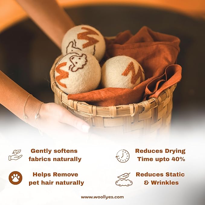Woolly's Wool Dryer Balls – 100% Pure New Zealand Wool, Reusable Natural Fabric Softener, Reduces Drying Time & Clothes Wrinkles, Chemical-Free Dryer Balls (Pack of 6)