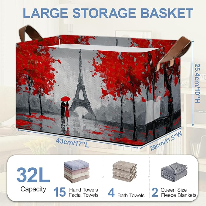 Eiffel Tower Storage Basket,Paris Couple Collapsible Storage Bin Cubes for Living Room Bedroom Blankets Home Storage 17x11.5x10Inch