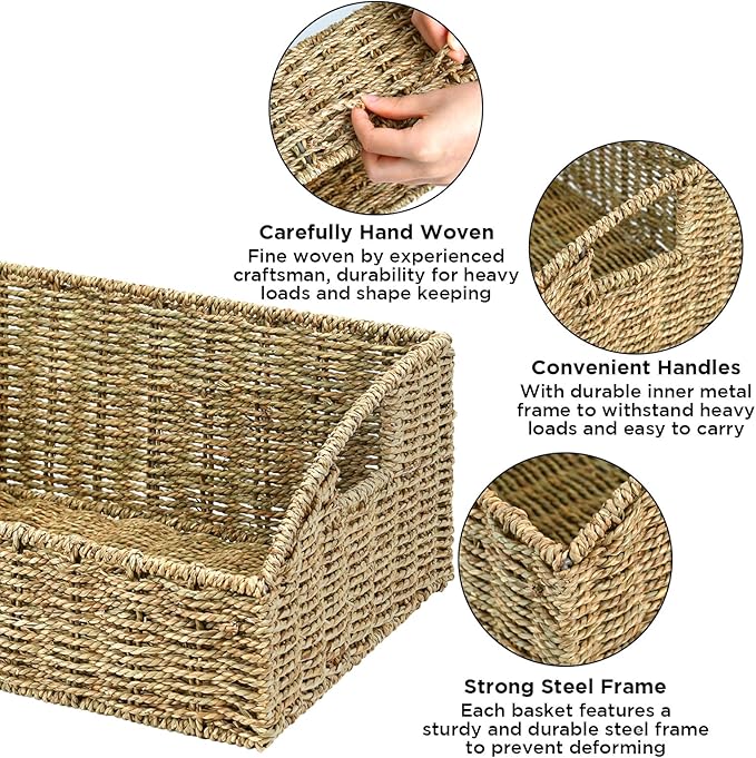 Ollieroo Rattan Storage Baskets, Handwoven Wicker Storage Bins with Built-in Handles, Storage Container Baskets for Shelves, Bedroom, Bathroom, Laundry Room or Kitchen(Green)