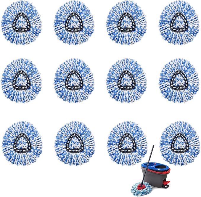 12 Pcs Spin Mop Replacement Heads, 360° Easy Wring Spin Mop 100% Microfiber Refill, Easy Cleaning Spin Mop Heads, 2 Tank System Replace Head for Easy House Cleaning Floor Mopping, Blue&White