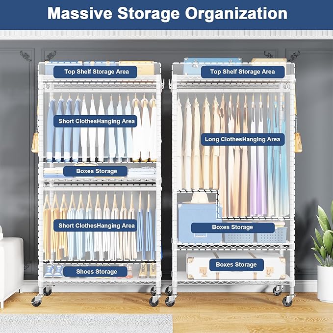 ULIFHOME P8C Heavy Duty Clothes Rack（With Extended Width Design） Rolling Clothing Racks for Hanging Clothes with Lockable Wheels，31.5" W x 15.8" D x 80.5" H，Max Load 600LBS，White Rack with White Cover
