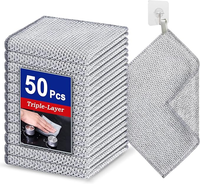Wangjinpeng 50 PCS 3-Layer Non-Scratch Multipurpose Steel Wire Dishcloths - Reusable Quick-Dry Odor-Free Scrub Cloths for Dishes, Kitchen Cleaning Cloths for Cookware, Sinks, Stove Tops(7.87X7.87)