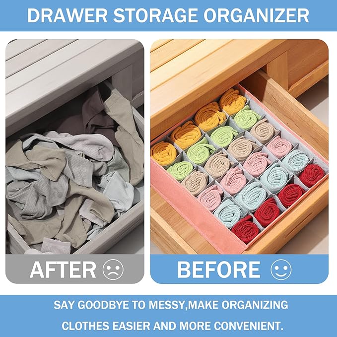 Foldable Storage Cubes Drawer Underwear Organizer Dividers， under Cabinet Organizer 24-Cell Fabric Storage Boxes for Lingerie,Socks,Ties （Orange）