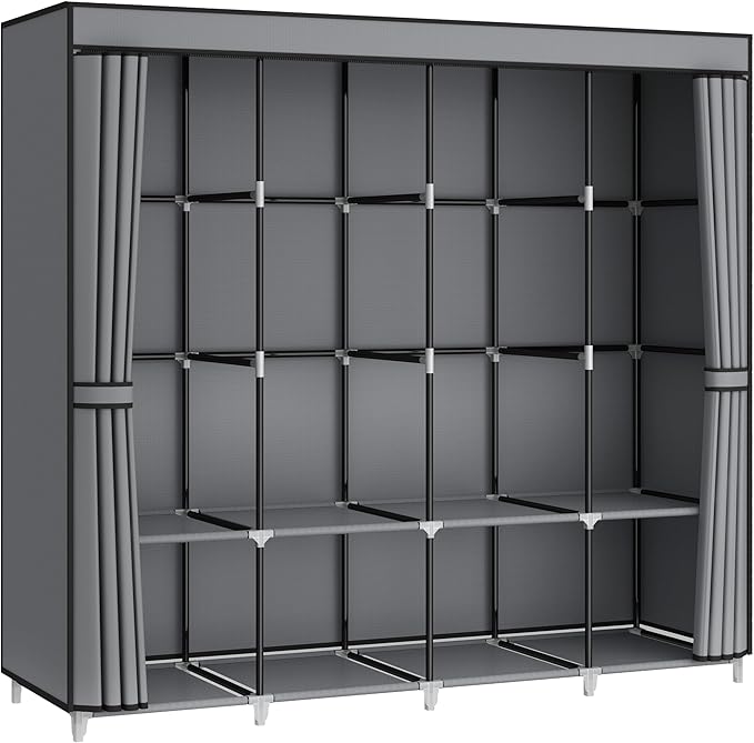 MOGELAFOO Portable Closet Wardrobe, 67-Inch Clothes Organizer with 4 Hanging Rods and 8 Shelves, Non-Woven Fabric Cover, Large Capacity Storage for Bedroom and Living Room, Grey