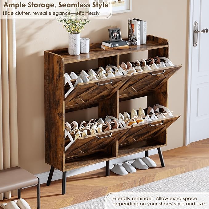 Nicetree Shoe Cabinet with 4 Flip Drawers, Freestanding Shoe Storage Cabinet with Metal Legs, Farmhouse Narrow Shoe Rack Cabinet for Entryway, Foyer, Hallway, Rustic Brown