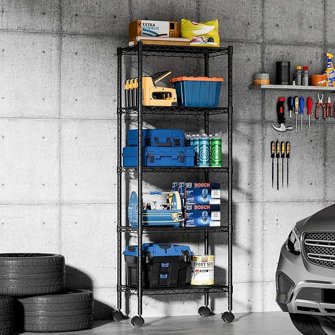 DUMOS 5 Tier Metal Shelving, Heavy Duty Shelves Wire Shelving Unit with Removable Wheel Casters, Shelves Organizer for Bathroom Garage Living Room Kitchen Pantry Laundry Black