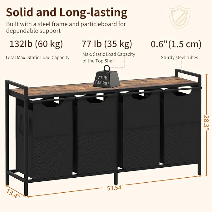Heybly Laundry Hampers, 4 × 15Gal (228 L) Laundry Basket with Large Desktop Sorter for Laundry Room organization, Bathroom and Dorm Laundry Bags on Storage Shelf, Rustic Brown HLH004SR