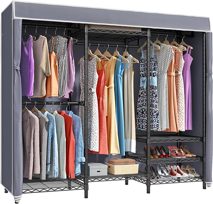 VIPEK V5C Portable Clothes Closet Wardrobe Bedroom Armoires Heavy Duty Covered Clothes Rack, Black Metal Clothing Rack with Grey Oxford Fabric Cover, Adjustable Custom Closet Rack 68.9"Lx15.7"Wx76.4"H