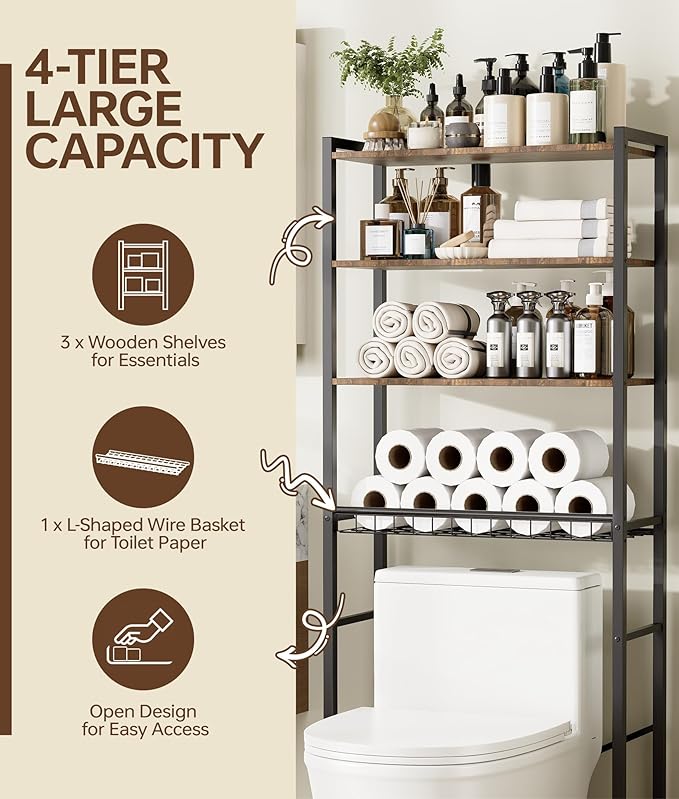 4-Tier Over-the-Toilet Storage Rack with One-Piece Wooden Shelves & Open Net Basket, Bathroom Organizer with Adjustable Feet & Anti-Tip Kit, Space-Saving Toilet Shelf, Brown, 24.4" x 9.4" x 69.3"