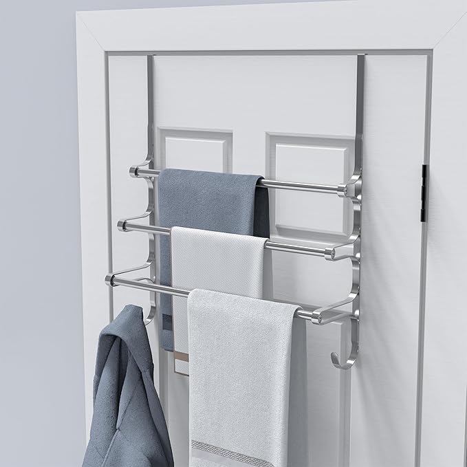 CANYAVE Over The Door Towel Rack, Extendable Triple Towel Storage Holder with Hooks, 24.02 Inches Towel Bar Hanger Towel Racks for Bathroom (Silver)