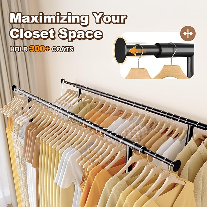 HOKEEPER Clothes Rack Heavy Duty Clothing Rack Load 650 LBS Collapsible Garment Rack with Wheels Double Rod Coat Rack for Hanging Clothes Commercial Closet Rack with Shelves, Black 22" D*75" W*68" H
